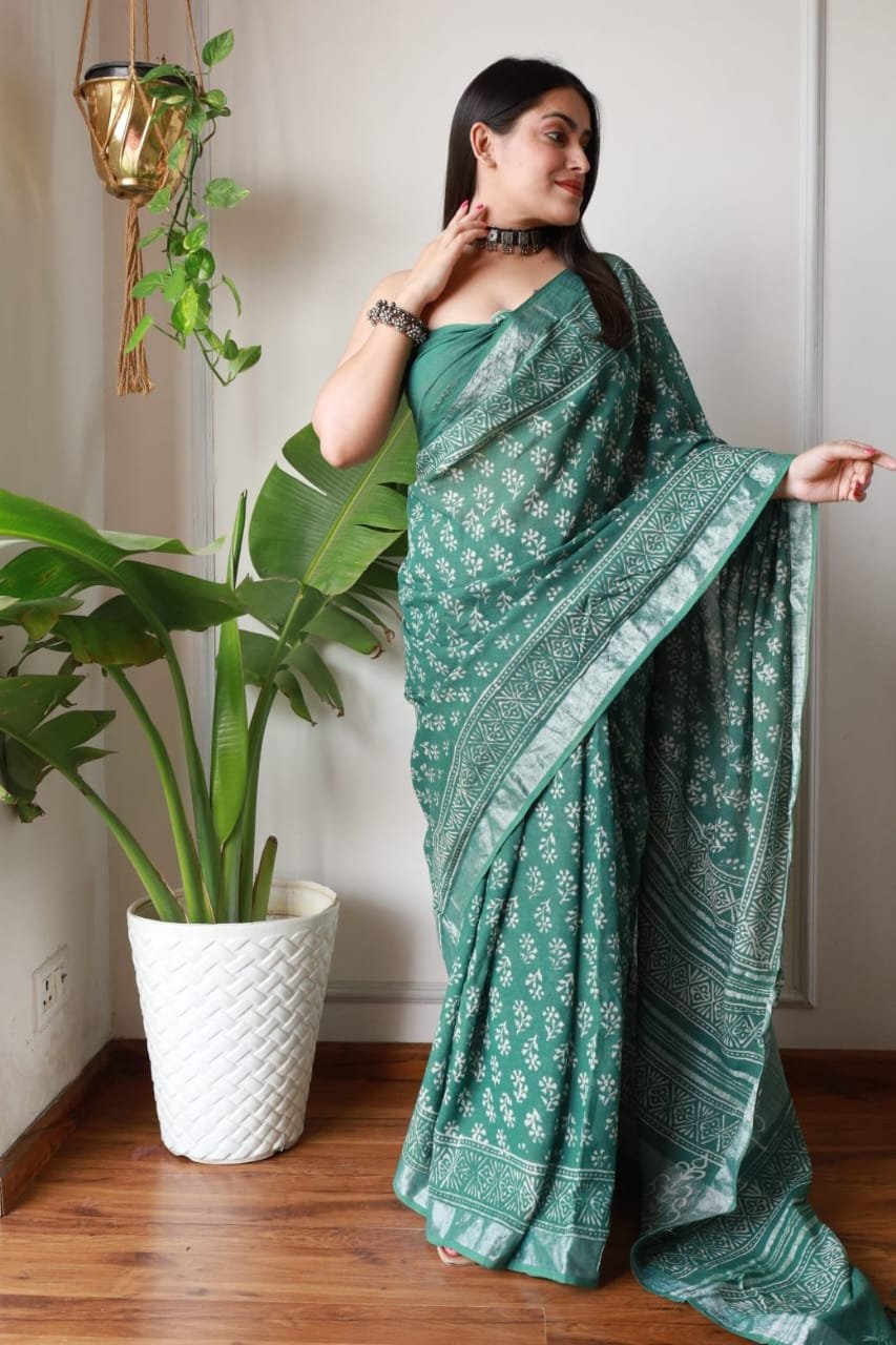 Hand Block Printed Linen Saree with Blouse